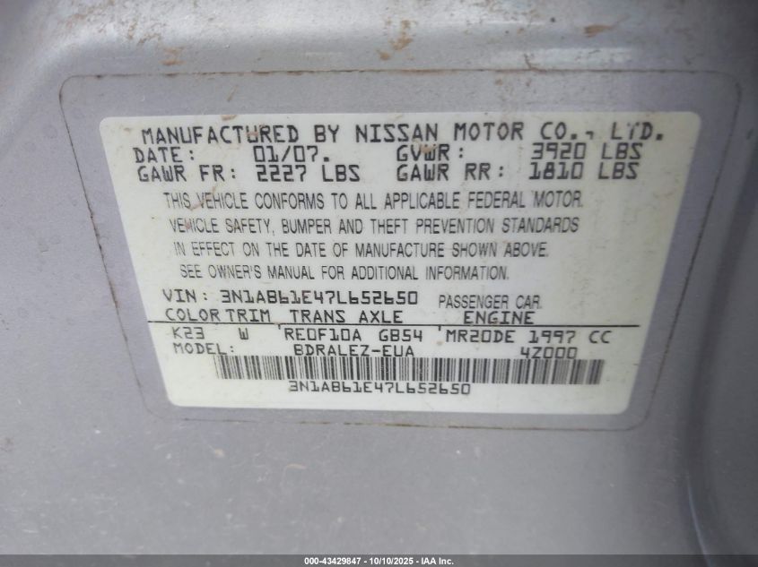 2007 Nissan Sentra 2.0S VIN: 3N1AB61E47L652650 Lot: 43429847