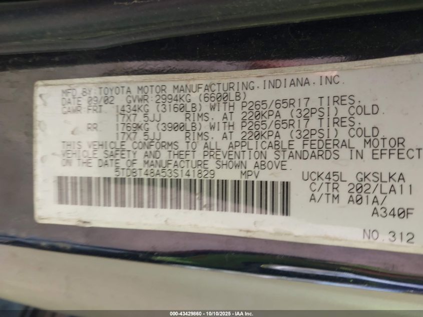 2003 Toyota Sequoia Limited V8 VIN: 5TDBT48A53S141829 Lot: 43429860