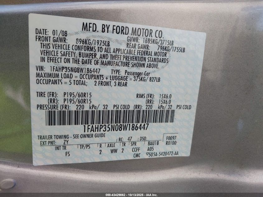 2008 Ford Focus Se/Ses VIN: 1FAHP35N08W186447 Lot: 43429862