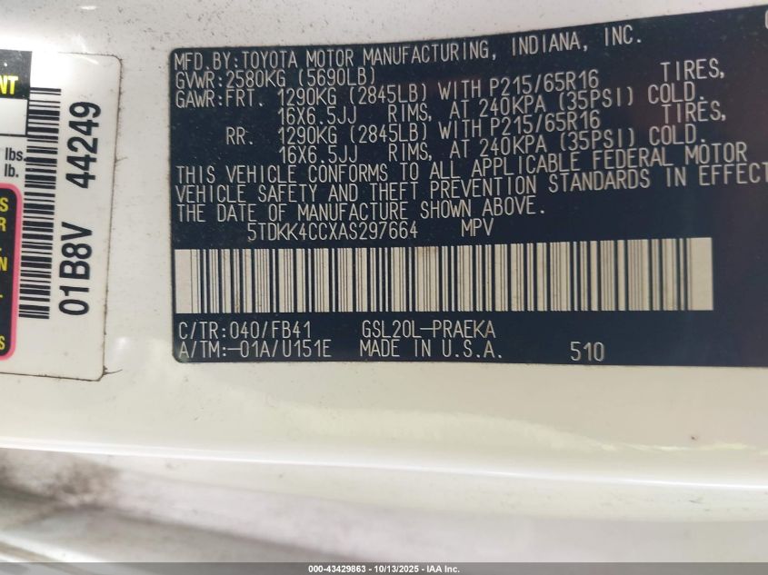 2010 Toyota Sienna Ce VIN: 5TDKK4CCXAS297664 Lot: 43429863