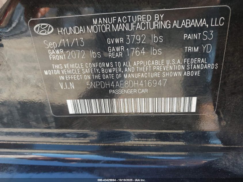 2013 Hyundai Elantra Gls VIN: 5NPDH4AE8DH416947 Lot: 43429864