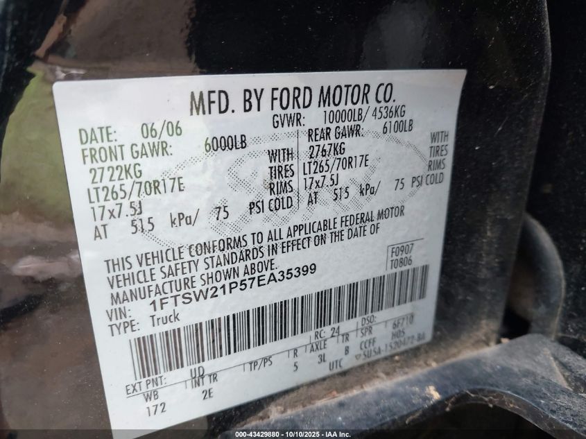 2007 Ford F-250 King Ranch/Lariat/Xl/Xlt VIN: 1FTSW21P57EA35399 Lot: 43429880