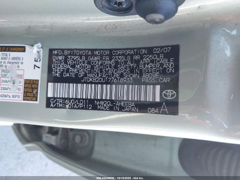 2007 Toyota Prius VIN: JTDKB20U177618933 Lot: 43429890