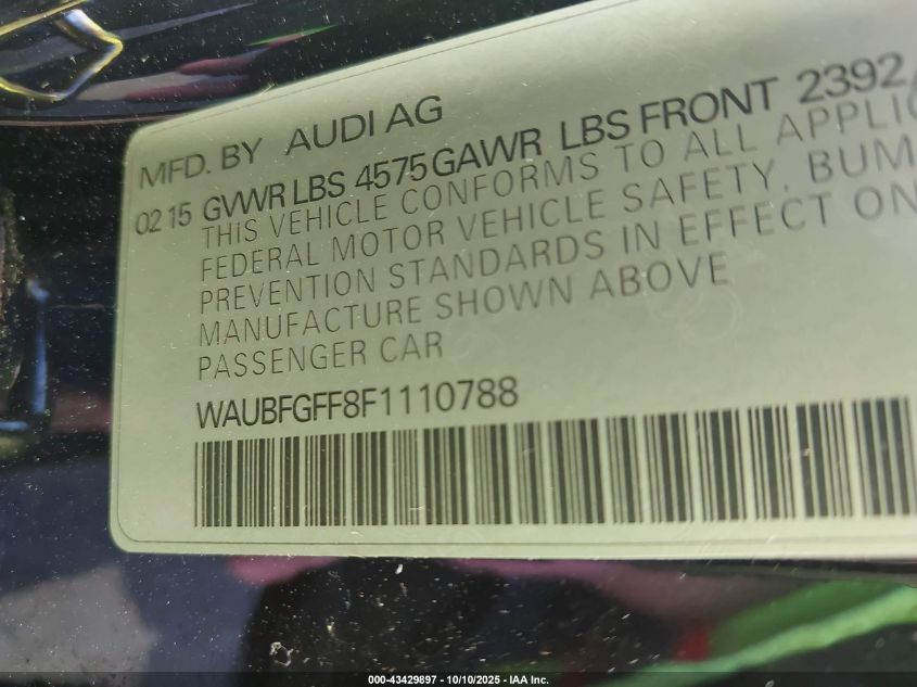 2015 Audi A3 Premium VIN: WAUBFGFF8F1110788 Lot: 43429897