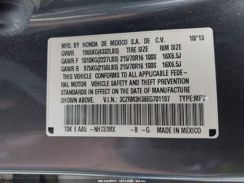 2014 Honda Cr-V Lx VIN: 3CZRM3H38EG701197 Lot: 43429910