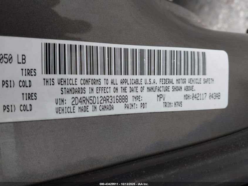 2010 Dodge Grand Caravan Sxt VIN: 2D4RN5D12AR316888 Lot: 43429911