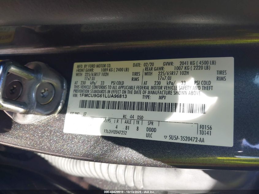 2020 Ford Escape Se VIN: 1FMCU9G61LUA96813 Lot: 43429919