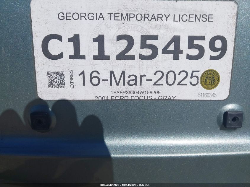 2004 Ford Focus Se VIN: 1FAFP36304W158209 Lot: 43429925