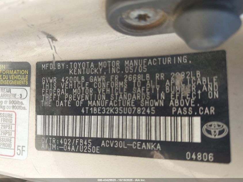 2005 Toyota Camry Le VIN: 4T1BE32K35U078245 Lot: 43429929