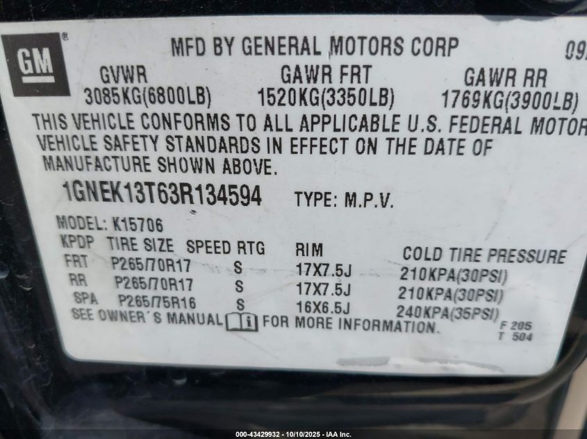 2003 Chevrolet Tahoe Z71 VIN: 1GNEK13T63R134594 Lot: 43429932