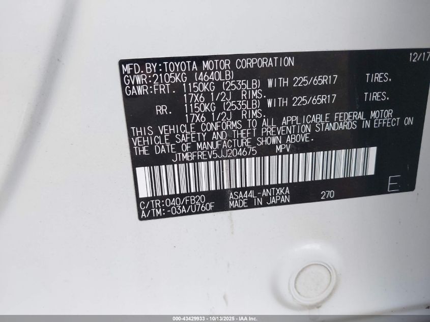 2018 Toyota Rav4 Le VIN: JTMBFREV5JJ204675 Lot: 43429933