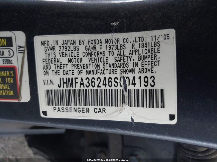 2006 Honda Civic Hybrid VIN: JHMFA36246S004193 Lot: 43429934