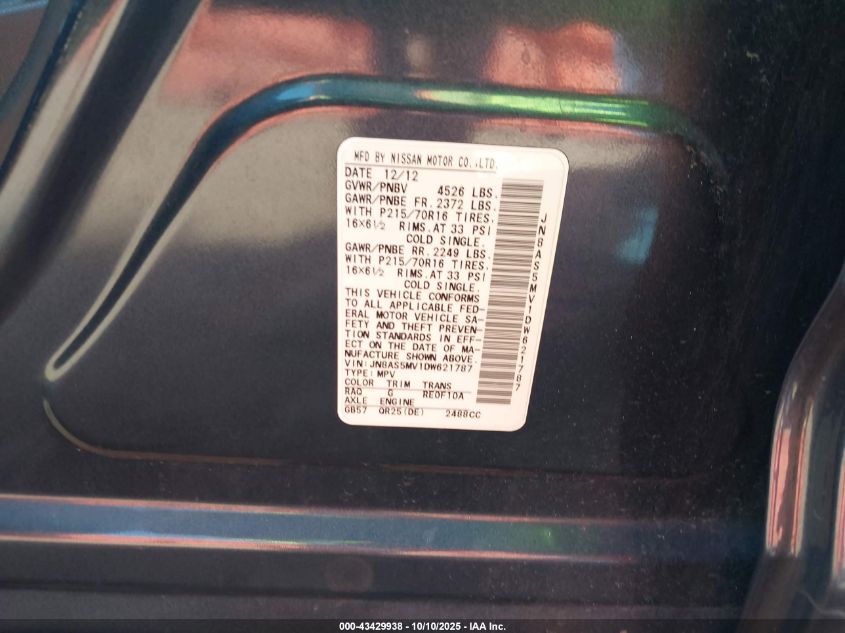 2013 Nissan Rogue S VIN: JN8AS5MV1DW621787 Lot: 43429938