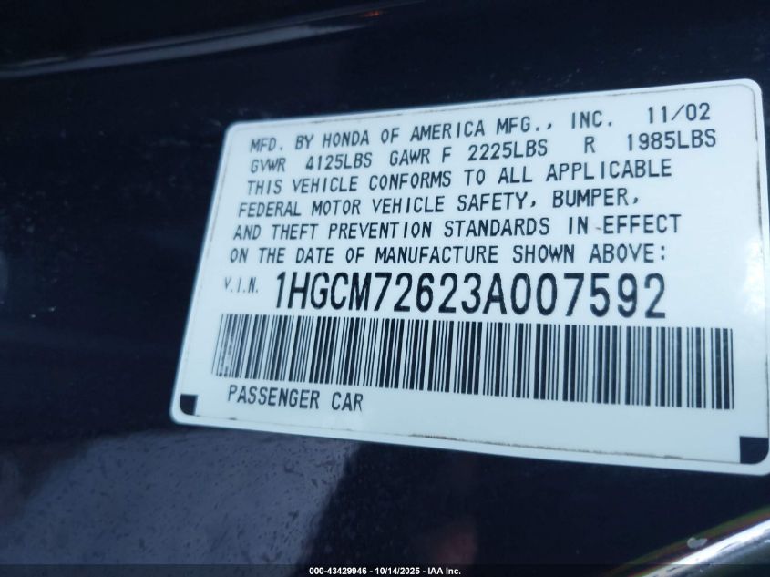 2003 Honda Accord 2.4 Ex VIN: 1HGCM72623A007592 Lot: 43429946