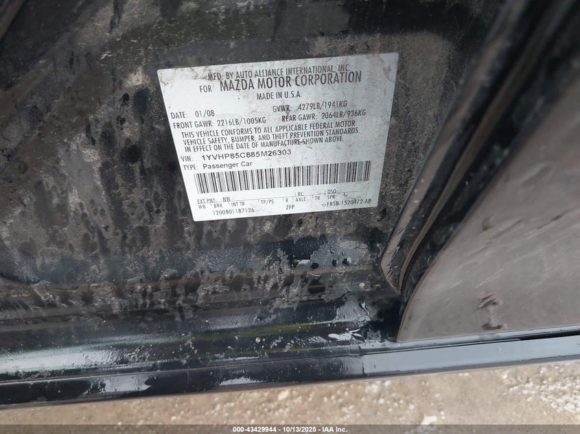 2008 Mazda Mazda6 I Grand Touring VIN: 1YVHP85C885M26303 Lot: 43429944