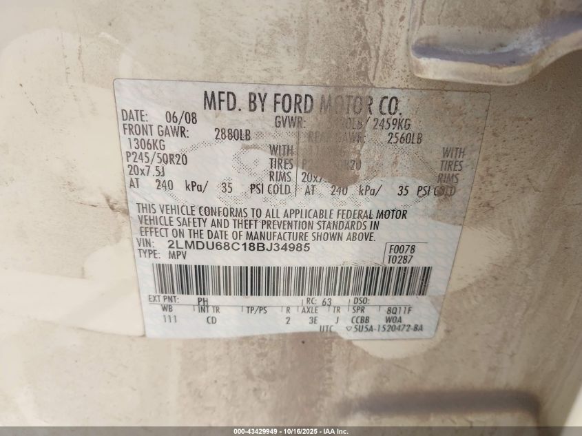 2008 Lincoln Mkx VIN: 2LMDU68C18BJ34985 Lot: 43429949