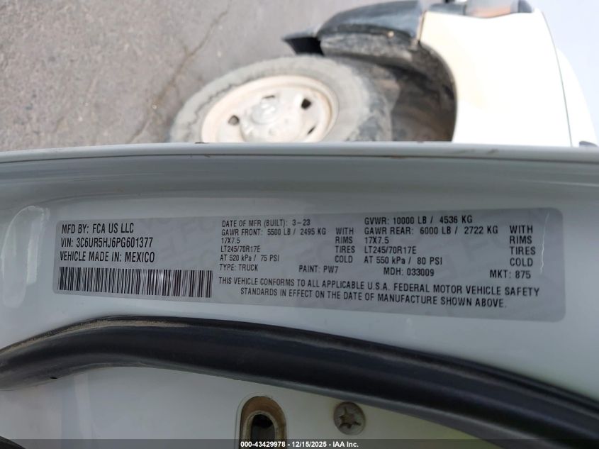 2023 Ram 2500 Tradesman 4X4 8' Box VIN: 3C6UR5HJ6PG601377 Lot: 43429978