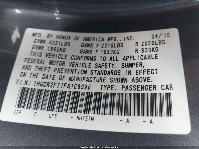 2015 Honda Accord Ex VIN: 1HGCR2F71FA169998 Lot: 43429982