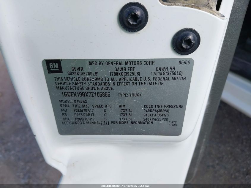 2007 Chevrolet Silverado 1500 Classic Lt1 VIN: 1GCEK19BX7Z105855 Lot: 43430002