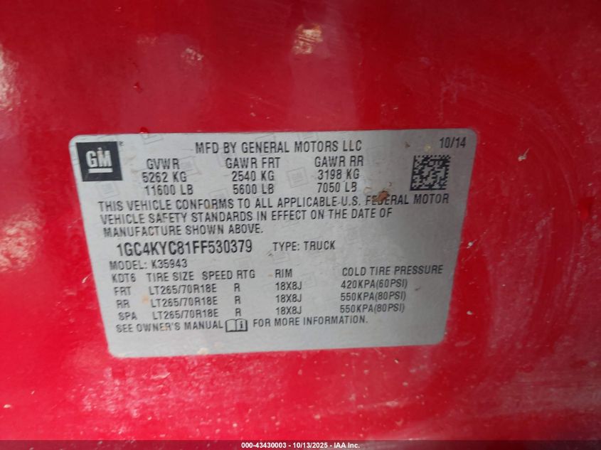 2015 Chevrolet Silverado 3500Hd Wt VIN: 1GC4KYC81FF530379 Lot: 43430003