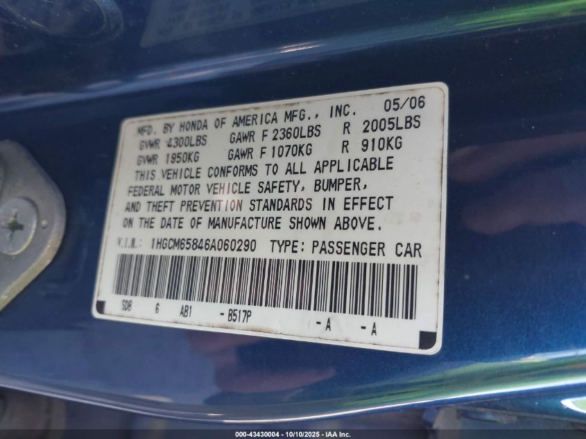 2006 Honda Accord 3.0 Ex VIN: 1HGCM65846A060290 Lot: 43430004