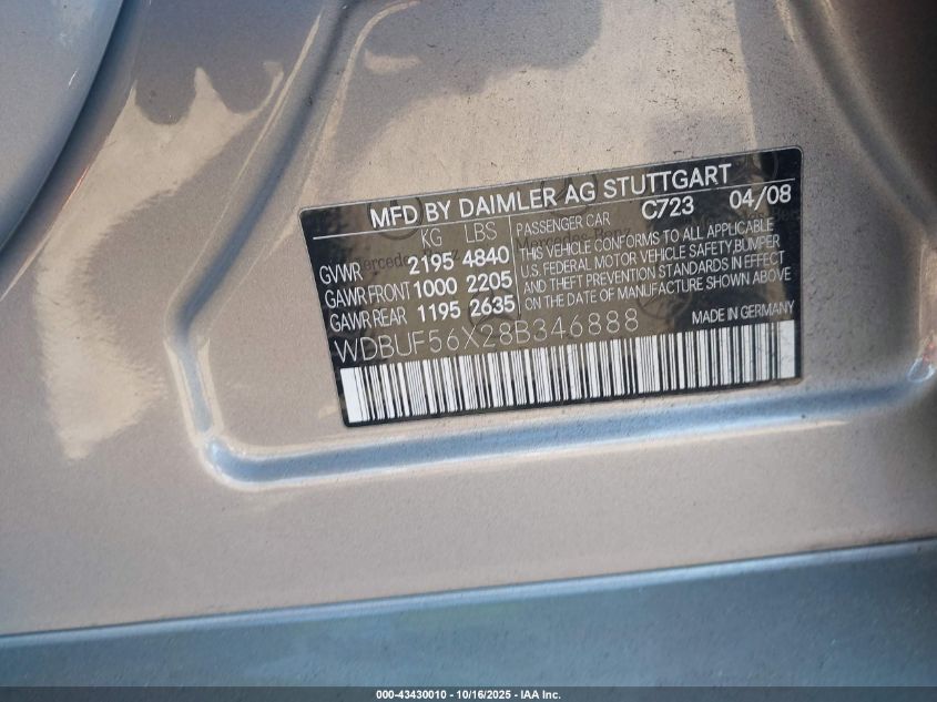 2008 Mercedes-Benz E 350 VIN: WDBUF56X28B346888 Lot: 43430010