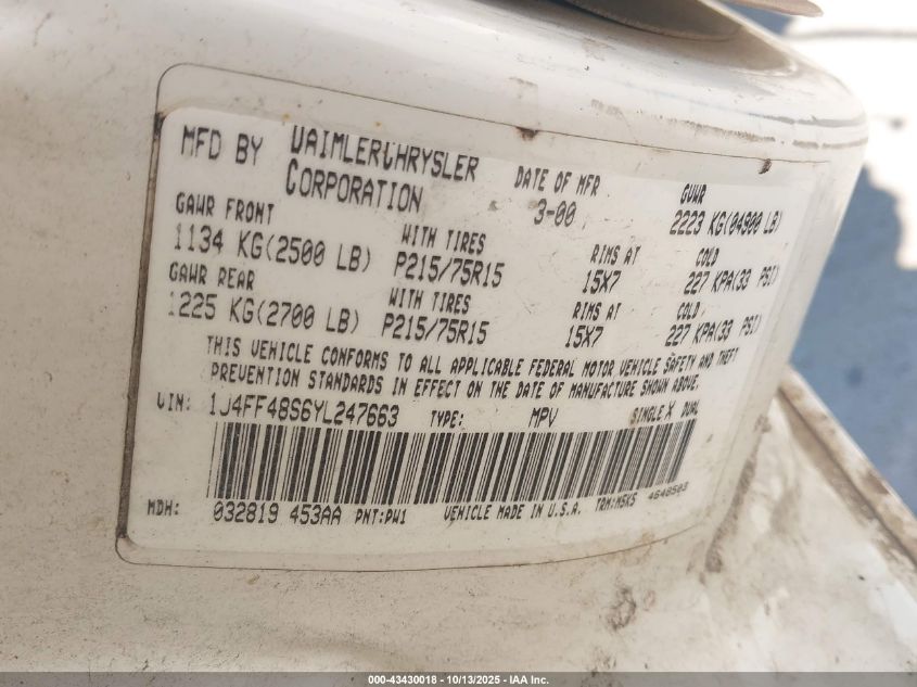 2000 Jeep Cherokee Sport VIN: 1J4FF48S6YL247663 Lot: 43430018