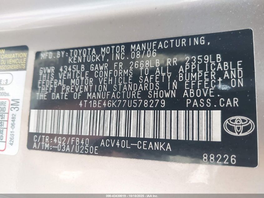 2007 Toyota Camry Le VIN: 4T1BE46K77U578279 Lot: 43430019