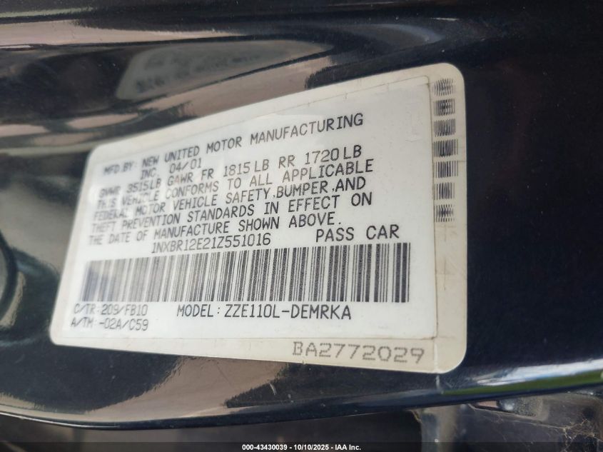 2001 Toyota Corolla Ce VIN: 1NXBR12E21Z551016 Lot: 43430039