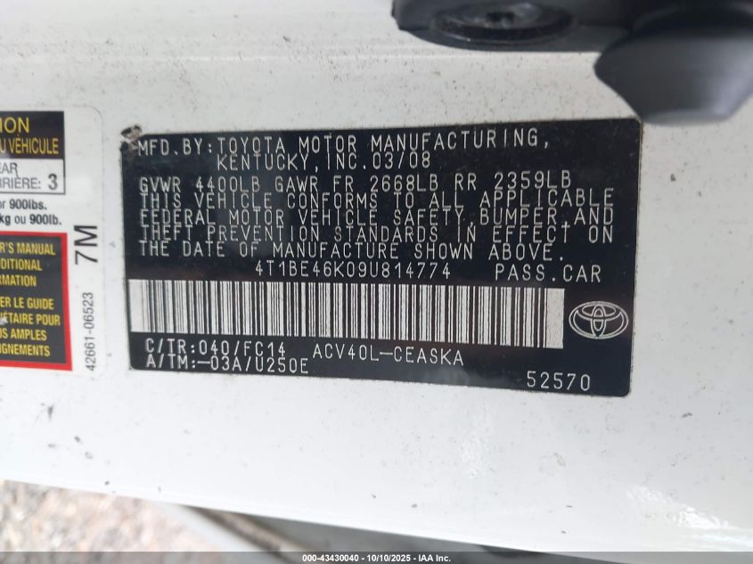 2009 Toyota Camry Se VIN: 4T1BE46K09U814774 Lot: 43430040