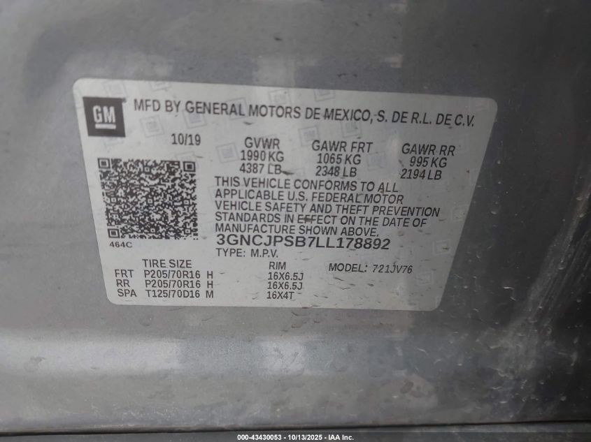 2020 Chevrolet Trax Awd Lt VIN: 3GNCJPSB7LL178892 Lot: 43430053