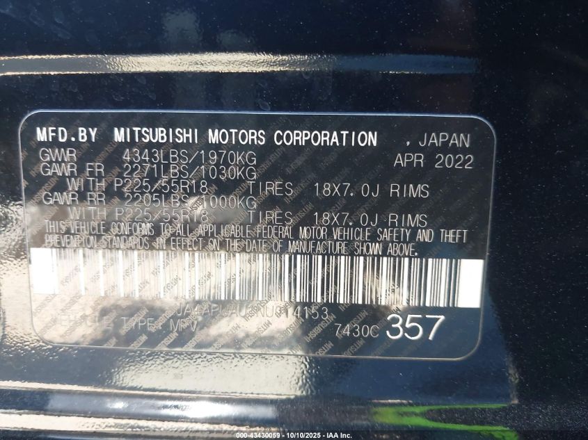2022 Mitsubishi Outlander Sport 2.0 Be 2Wd/2.0 Es 2Wd/2.0 Le 2Wd/2.0 S 2Wd VIN: JA4APUAU1NU014153 Lot: 43430059