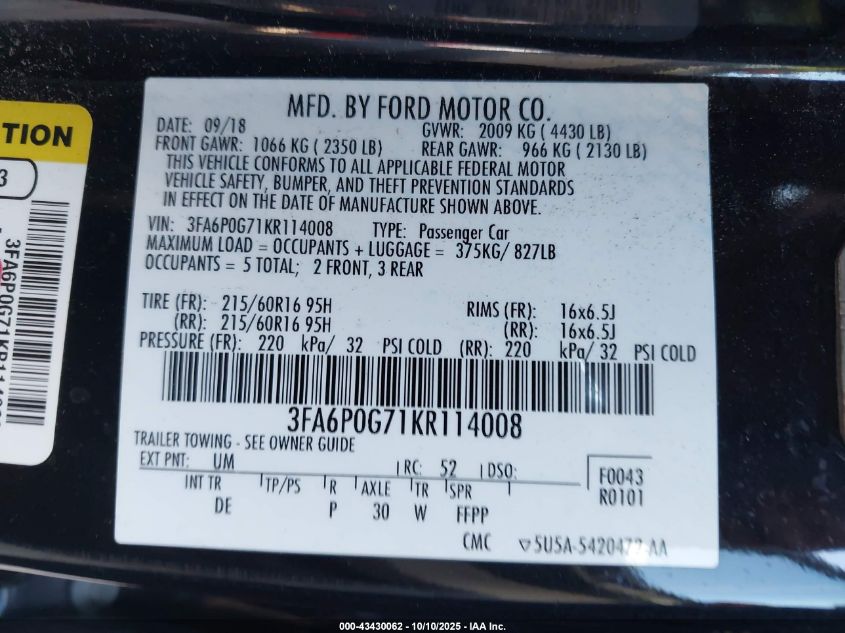 2019 Ford Fusion S VIN: 3FA6P0G71KR114008 Lot: 43430062