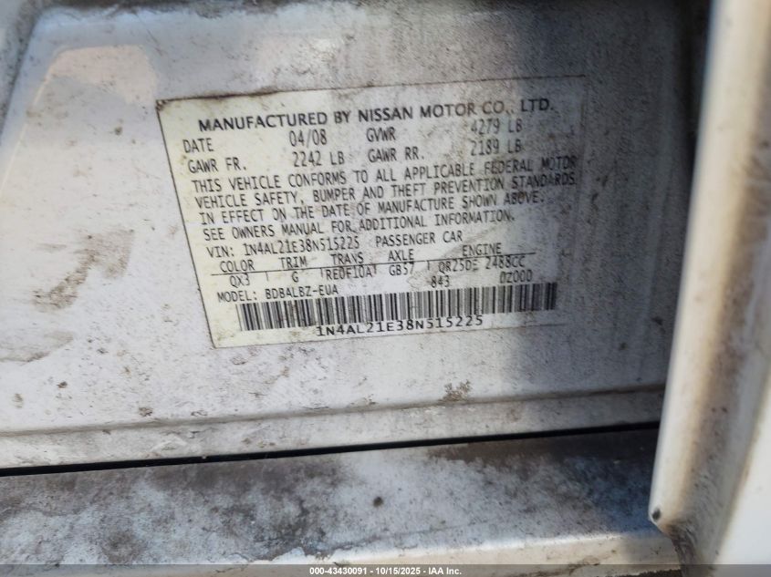 2008 Nissan Altima 2.5 S VIN: 1N4AL21E38N515225 Lot: 43430091