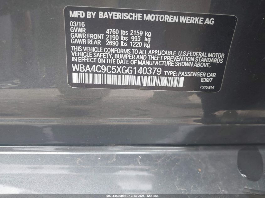 2016 BMW 428I Gran Coupe xDrive VIN: WBA4C9C5XGG140379 Lot: 43430098
