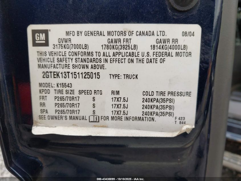 2005 GMC Sierra 1500 Slt VIN: 2GTEK13T151125015 Lot: 43430099