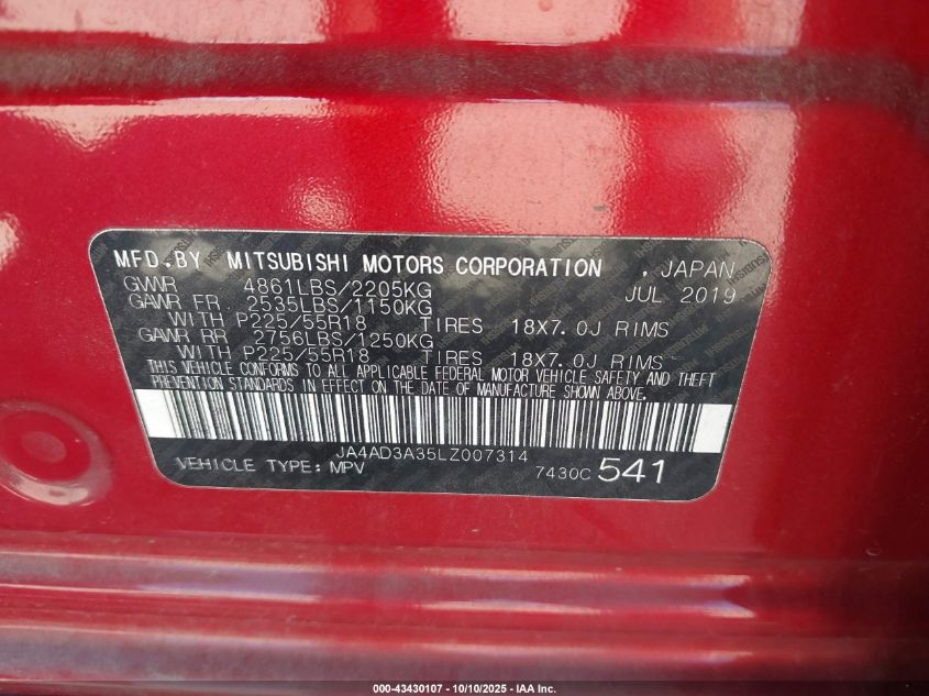 2020 Mitsubishi Outlander Sp 2.4 VIN: JA4AD3A35LZ007314 Lot: 43430107