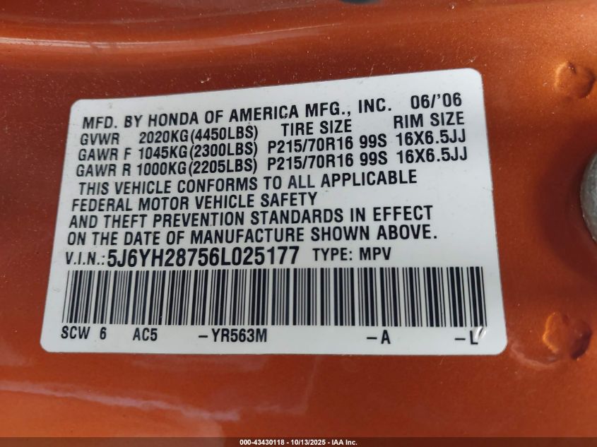2006 Honda Element Ex-P VIN: 5J6YH28756L025177 Lot: 43430118