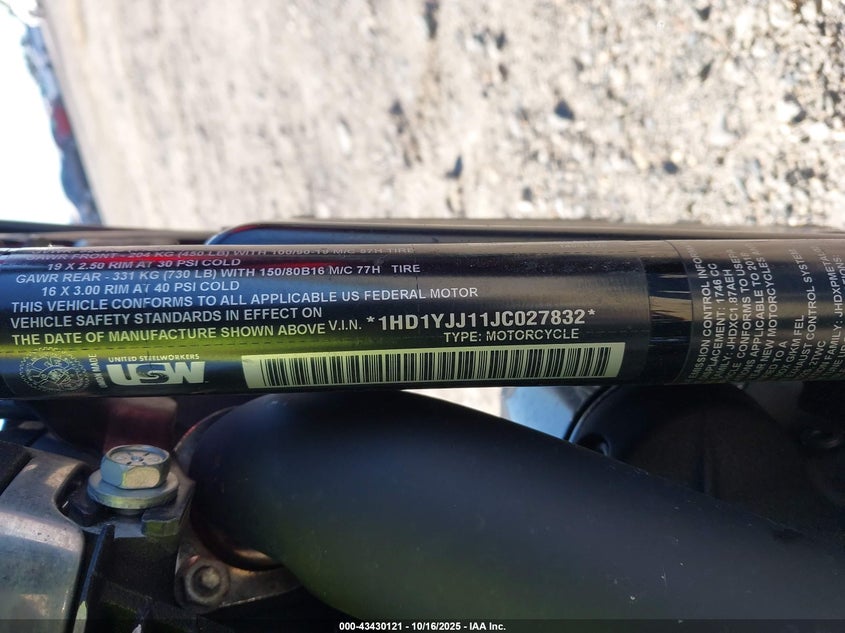 2018 Harley-Davidson Fxbb Street Bob VIN: 1HD1YJJ11JC027832 Lot: 43430121