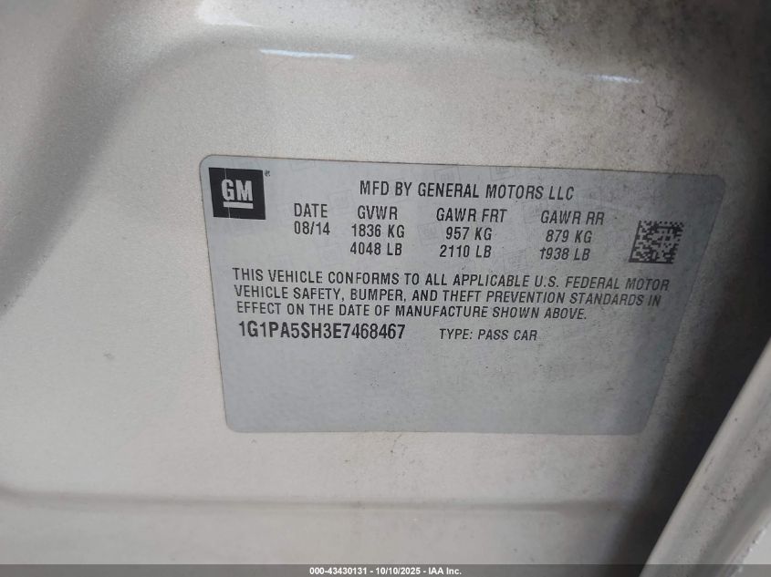 2014 Chevrolet Cruze Ls Auto VIN: 1G1PA5SH3E7468467 Lot: 43430131