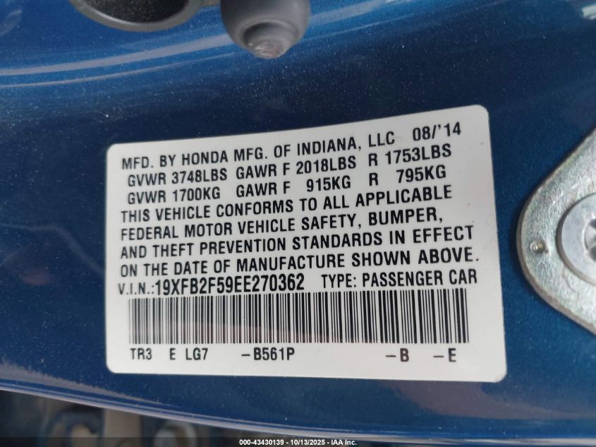 2014 Honda Civic Lx VIN: 19XFB2F59EE270362 Lot: 43430139