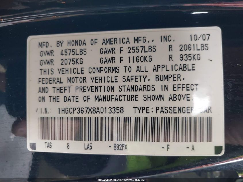 2008 Honda Accord 3.5 Ex VIN: 1HGCP367X8A013358 Lot: 43430153