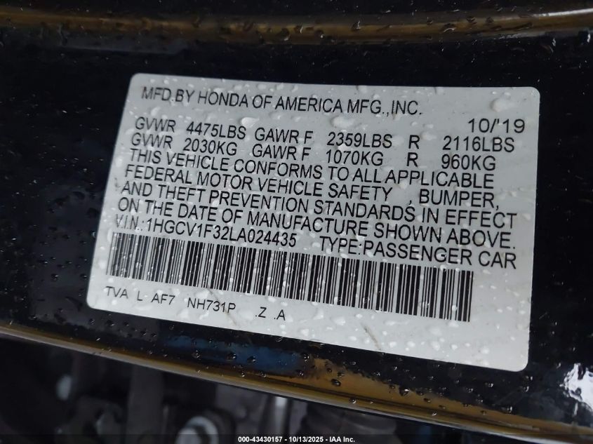 2020 Honda Accord Sport VIN: 1HGCV1F32LA024435 Lot: 43430157