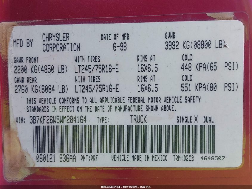 1998 Dodge Ram 2500 St VIN: 3B7KF26W5WM284164 Lot: 43430164