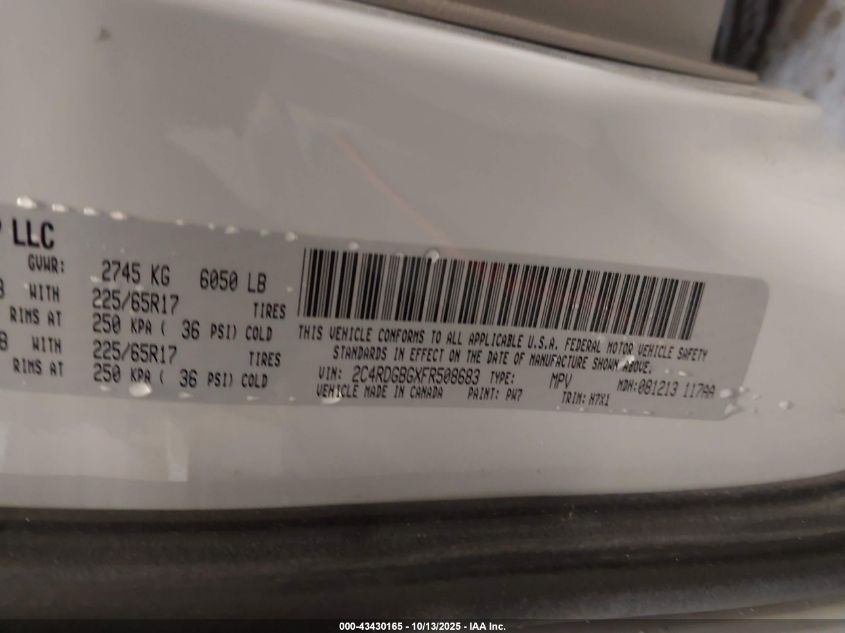 2015 Dodge Grand Caravan Se VIN: 2C4RDGBGXFR508683 Lot: 43430165