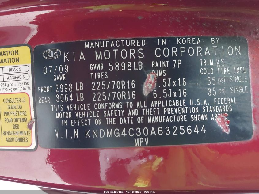 2010 Kia Sedona Lx VIN: KNDMG4C30A6325644 Lot: 43430168