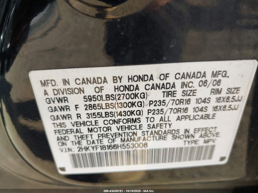 2006 Honda Pilot Lx VIN: 2HKYF18166H553008 Lot: 43430191