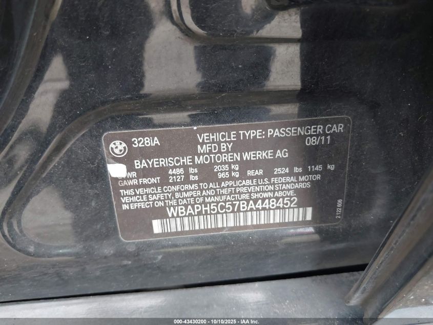 2011 BMW 328I VIN: WBAPH5C57BA448452 Lot: 43430200