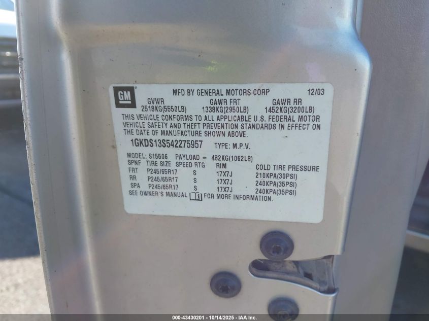 2004 GMC Envoy Sle VIN: 1GKDS13S542275957 Lot: 43430201