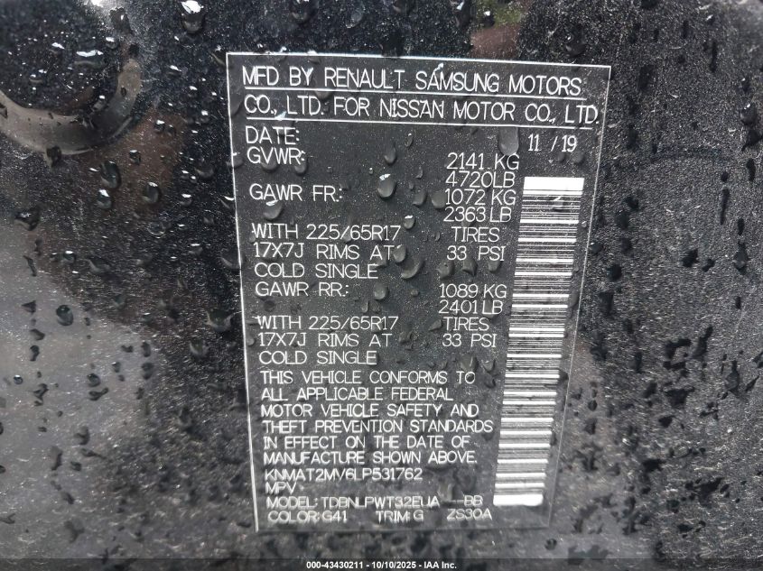 2020 Nissan Rogue S Intelligent Awd VIN: KNMAT2MV6LP531762 Lot: 43430211